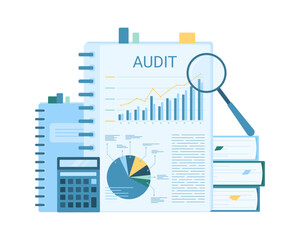 Business report analysis and audit vector illustration. Cartoon isolated many paper documents in folders, chart information for data investigation with magnifier, research and analytics of accountant