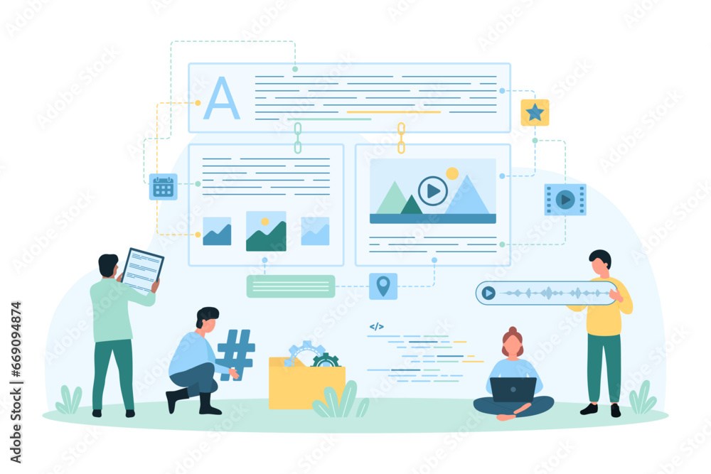 Poster blog content management and creation vector illustration. cartoon tiny people update information in 