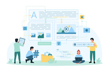 Blog content management and creation vector illustration. Cartoon tiny people update information in database with website service system, authors and admins manage text articles and documents online