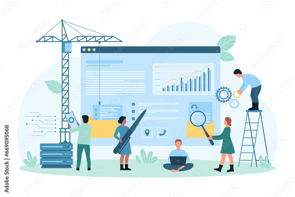 Poster website under construction vector illustration. cartoon tiny people build new design and develop dig