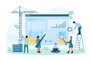 Website under construction vector illustration. Cartoon tiny people build new design and develop digital content, plan SEO data optimization and user friendly interface, webpage engineering process