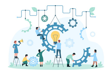 Work process on digital creative idea and innovation vector illustration. Cartoon team of tiny people holding parts of machine, characters put light bulb inside gear together, research tech solutions