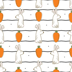 Seamless baby pattern Rabbit and carrot on notebook pattern background Hand drawn design in cartoon style. For baby clothes, wallpaper, decoration