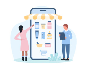 Online pharmacy mobile app vector illustration. Cartoon tiny people order delivery of pharmaceutical products, choose category of pills or vitamins on phone screen in virtual store with canopy