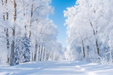 Obraz premium Snowy forest paradise, a world of serene beauty, winter charm