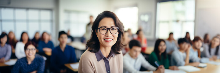 Asian woman highschool teacher smile portrait in classroom with student - obrazy, fototapety, plakaty