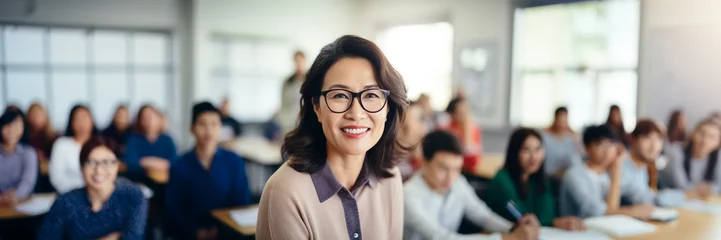 Foto op Canvas Asian woman highschool teacher smile portrait in classroom with student © fabioderby