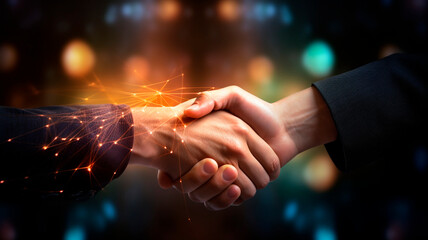 Handshake photo of a successful transaction, bright bokeh in the background.Generative AI