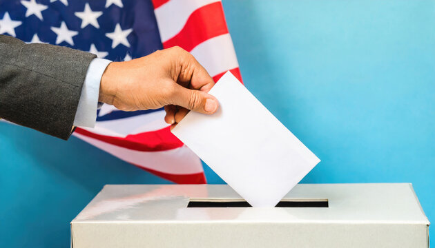 Close-up image of a male's hand placing an empty envelope inside a ballot box. Generative AI.