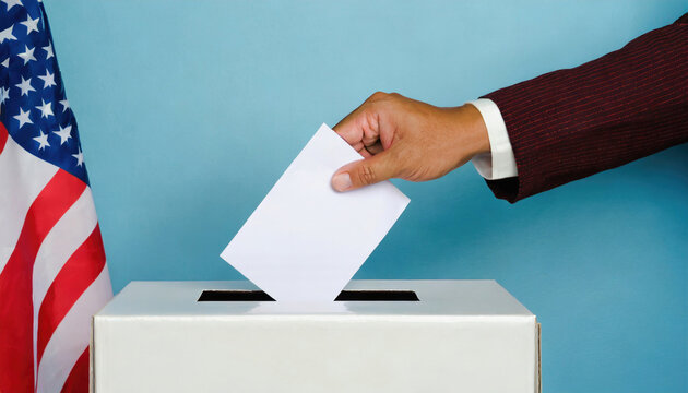 Close-up image of a male's hand placing an empty envelope inside a ballot box. Generative AI.