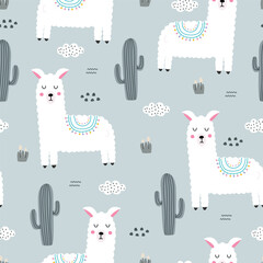 cartoon animal background for kids seamless pattern baby with llama and cactus  Children style hand drawn design. Used for fabric, textile, wallpaper printing, decoration. © TEe Du