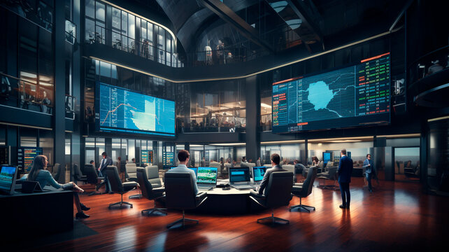 The interior of a room in the building of a brokerage office or securities center, reflecting the bustling atmosphere of the stock market . Generative AI - Powered by Adobe