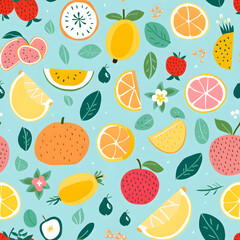 mixed fruit, fruits pattern, lemon, lime, orange, melon, berry, apple, beautiful, colorful, seamless, background