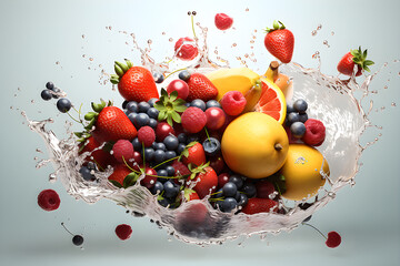3D illustration of fruits and berries falling with splashes of water on a dark background, generated ai