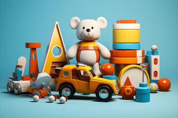 Fototapeta premium funny bright children's toys on an blue background, 3d illustration, generated ai