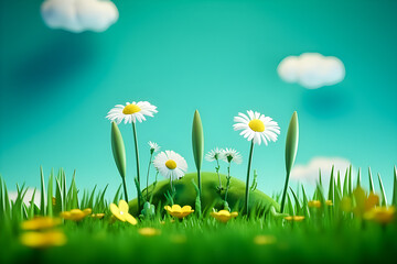 Spring grass and flowers, 3d illustration, generated ai