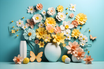 Colorful flowers  in paper style, 3d illustration, generated ai