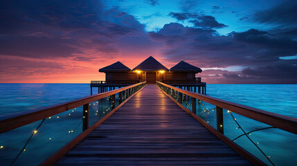 a wooden pier leading to the hut on the beach - obrazy, fototapety, plakaty