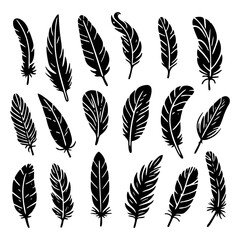 A collection of bird feathers set icon. Feather silhouette. Vintage pen for calligraphy. Plumelet collection. Vector isolated on white