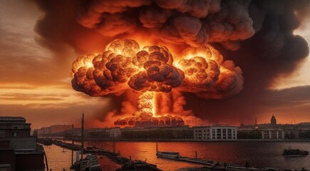 nuclear bomb attack, atomic bomb attack, fire in the city, war scene in the city, fire flames
