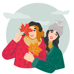 Autumn banner or sticker design with young girls explore the outdoors and the beauty of the season, flat vector illustrations isolated on white background.