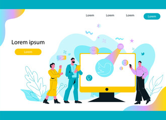 SMM management and businesses social media presence concept for website banner. Innovative SMM strategies and brainstorming techniques banner for webpage, flat vector illustration.