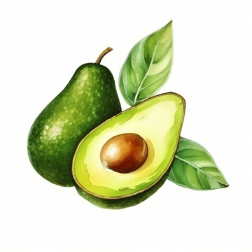 Avocado fruit art drawn watercolor paint on white for food dient design. Generated AI