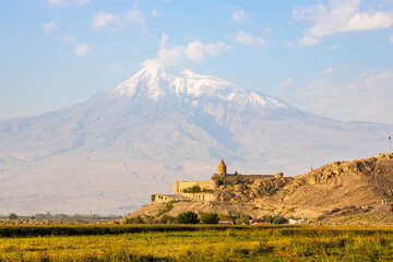 Mount Ararat and Khor Virap monastery in Armenia on sunny autumn day