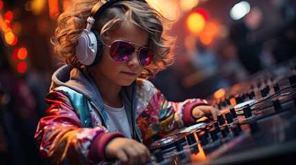 cute dj kid wearing headphone and mixing, generative ai