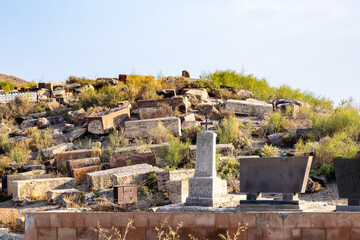 old cemetery on hill near Pokr Vedi village in Ararat plain in Armenia on sunny autumn day