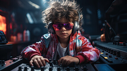 cute dj kid wearing headphone and mixing, generative ai - obrazy, fototapety, plakaty