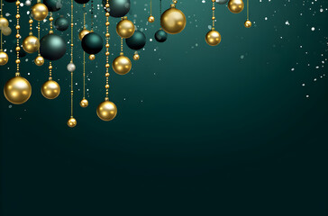 Fototapeta premium Christmas and New Year banner with Hanging Golden and Green Christmas ball decorations on dark green background, New Year greeting card