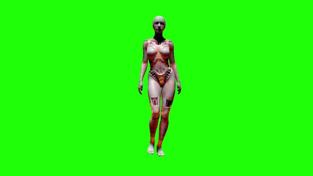 3D animations rendering of a walking cyber woman on green background. 4k 30fps