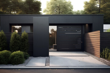 High dark grey home door aluminum gate gray slats portal garden of suburb house - obrazy, fototapety, plakaty