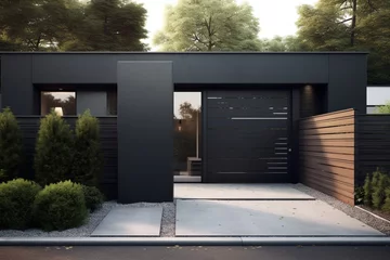Fotobehang High dark grey home door aluminum gate gray slats portal garden of suburb house © alisaaa