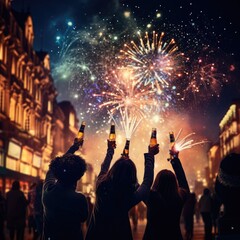 Fototapeta na wymiar Colorful Fireworks Illuminate Night Sky in Exciting New Year's Eve Celebration