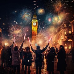 Fototapeta premium Colorful Fireworks Illuminate Night Sky in Exciting New Year's Eve Celebration