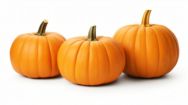 An arrangement of three pumpkins isolated on white wall