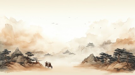 Template Background Chinese Ink Art Landscape Painting Ancient History of China Wallpaper Merchants Riding on Horses Wuxia Online Game Style 16:9