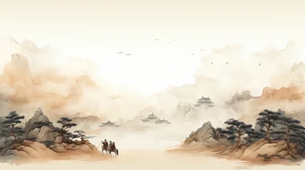Foto op Canvas Template Background Chinese Ink Art Landscape Painting Ancient History of China Wallpaper Merchants Riding on Horses Wuxia Online Game Style 16:9 © Vibes 16:9