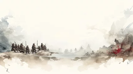 Tuinposter Template Background Chinese Ink Art Landscape Painting Ancient History of China Wallpaper War Battlefield Soldiers Trade Wuxia Online Game Style © Vibes 16:9