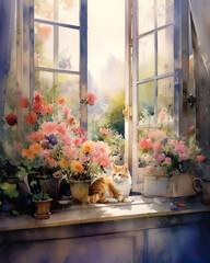 Cute cat sitting on the windowsill with flowers and blue sky