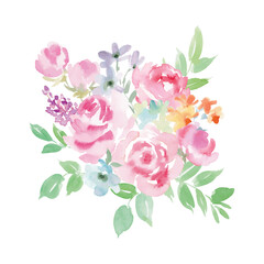 水彩で描いたピンク色のバラと草花のブーケイラスト