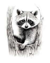 Pencil portrait of a cute raccoon on a tree. Hand drawn illustration.