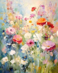 Oil painting of cosmos flowers on canvas. Colorful floral background.