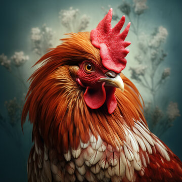 Image of rooster and flowers. Farm animals.