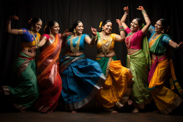Fototapeta na wymiar Cheerful Indian women in national costumes dancing