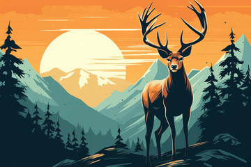 Mountain landscape with wild deer