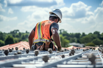 Close up of construction worker installing a new roof on house. Building concept of construction and architecture. - obrazy, fototapety, plakaty