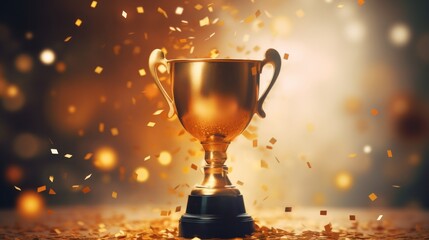 An esteemed golden trophy, representing accomplishment and victory, set against a backdrop of vibrant, shining confetti.